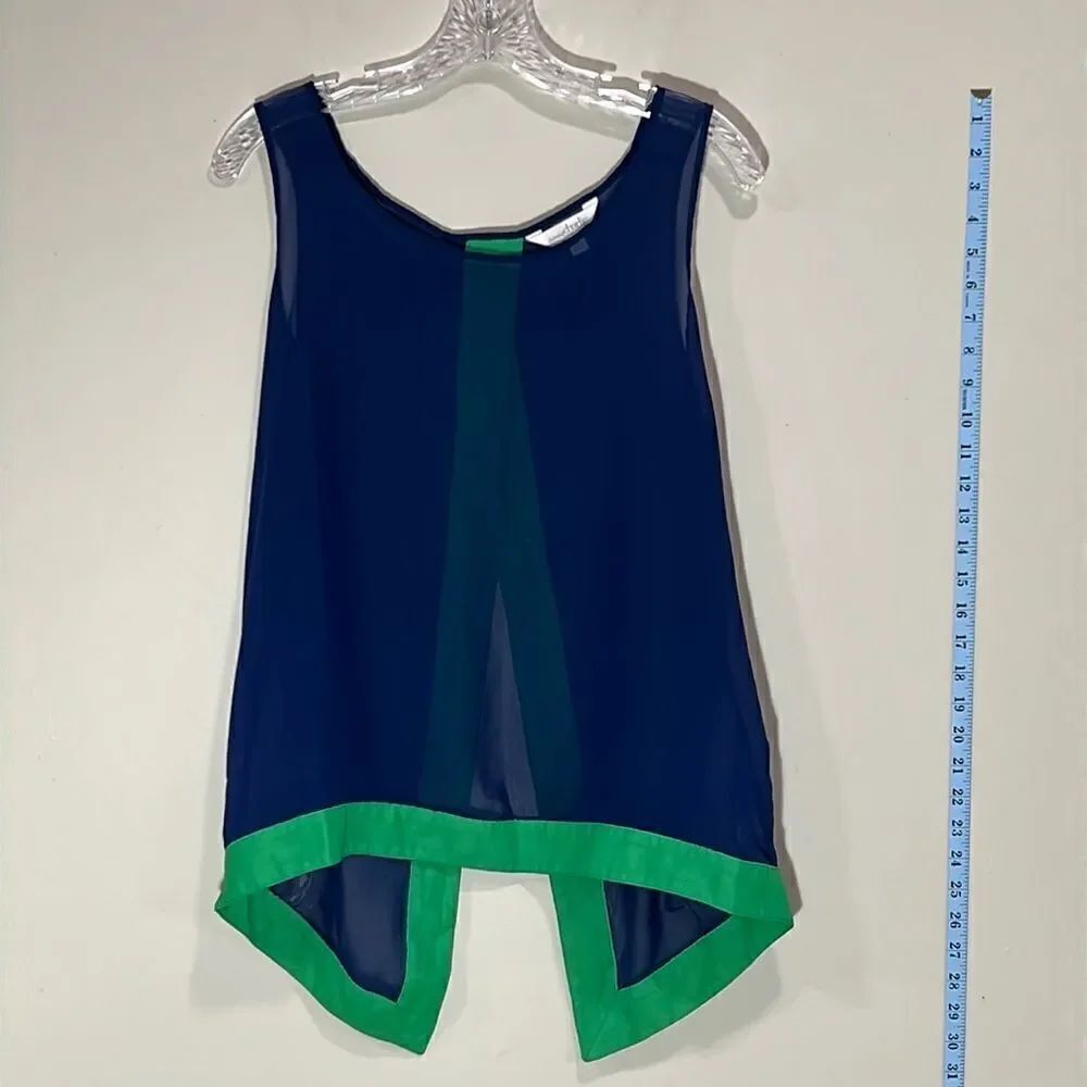 Beautiful See Through Blue & Green Sleeveless Split Back Top. Size Large.